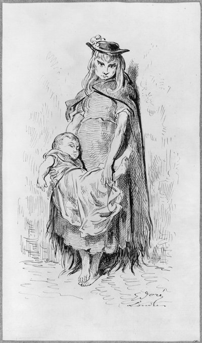 Niña pobre con un niño en Londres de Gustave Dore